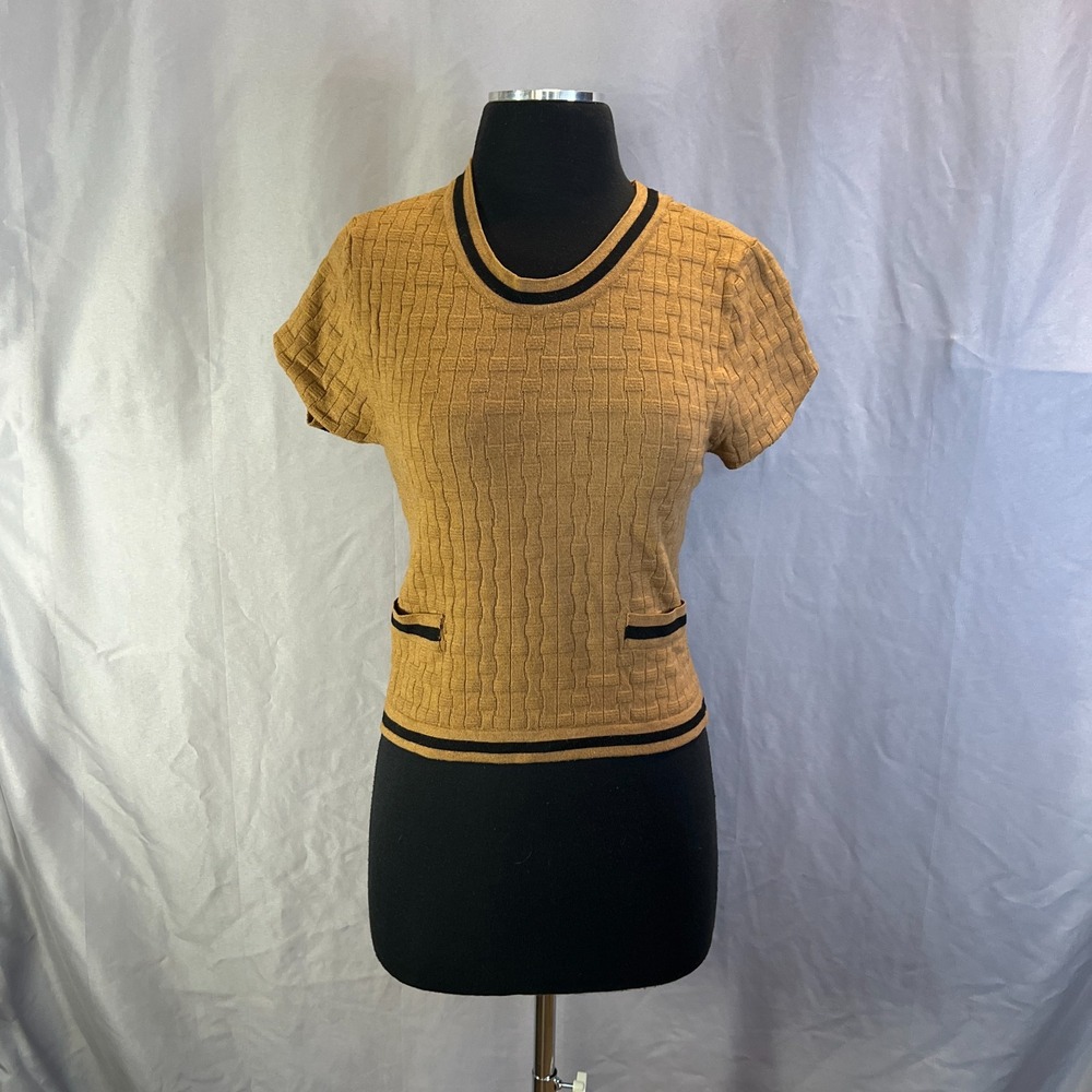 Ellen Tracy Cropped Sweater Womens Large Camel Black Basketweave Ribbed Knit